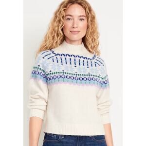 Old Navy Nordic Fair Isle Scandi Winter Hygge Blue Mock Neck Knit Sweater LARGE
